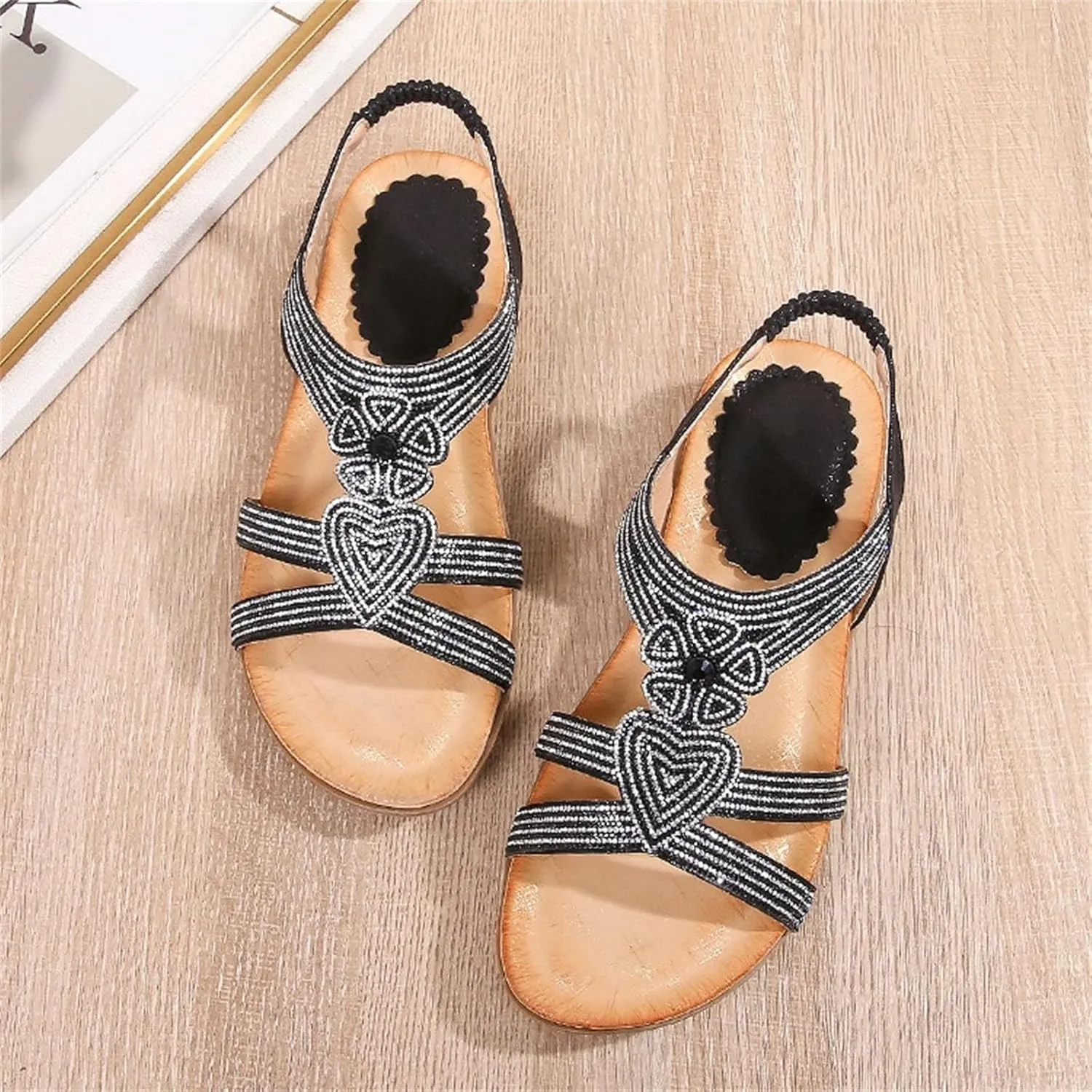 Womens Flats Bohemia Glitter Love Pattern Sandals Open Toe Ankle Strap Beach Sandal Comfortable Summer Dress Shoes
