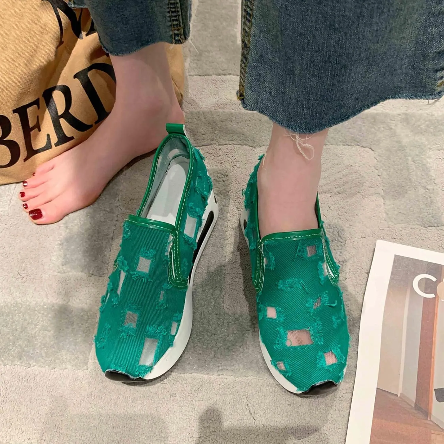 Women's Hollow Canvas Platform Loafers Lightweight Breathable Slip On Softsole Walking Sneakers Non-Slip Wedge Casual Shoes