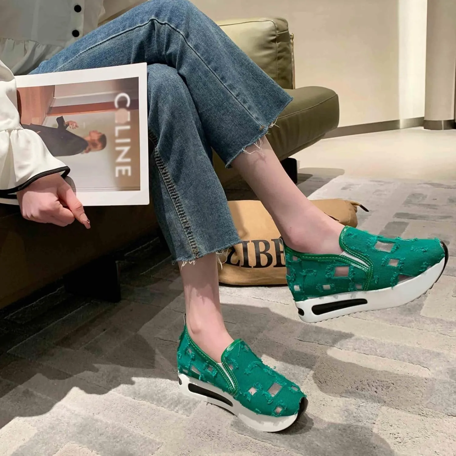 Women's Hollow Canvas Platform Loafers Lightweight Breathable Slip On Softsole Walking Sneakers Non-Slip Wedge Casual Shoes