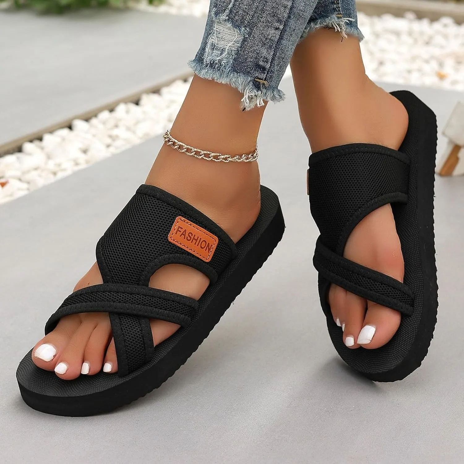 Women's Hollow Mesh Slide Sandals Breathable Mesh Hollow with Toe Loop Summer Casual Flat Slippers Beach Breathable Comfortable Orthopedic Walking Flip Flops with Arch Support