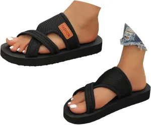 Women's Hollow Mesh Slide Sandals Breathable Mesh Hollow with Toe Loop Summer Casual Flat Slippers Beach Breathable Comfortable Orthopedic Walking Flip Flops with Arch Support