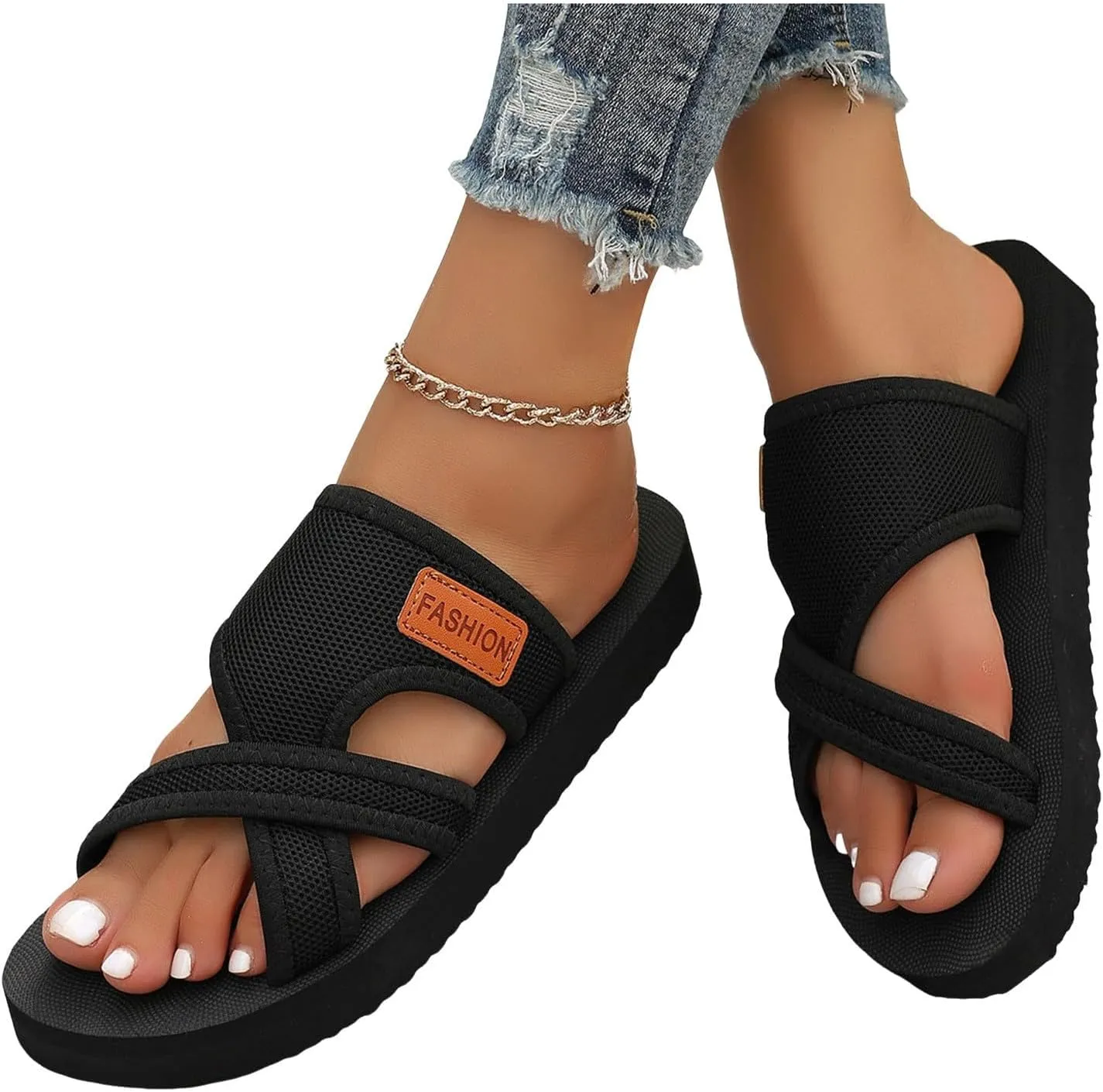 Women's Hollow Mesh Slide Sandals Breathable Mesh Hollow with Toe Loop Summer Casual Flat Slippers Beach Breathable Comfortable Orthopedic Walking Flip Flops with Arch Support