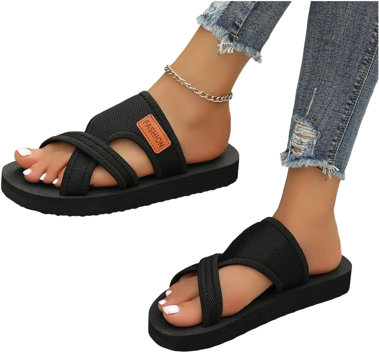Women's Hollow Mesh Slide Sandals Breathable Mesh Hollow with Toe Loop Summer Casual Flat Slippers Beach Breathable Comfortable Orthopedic Walking Flip Flops with Arch Support