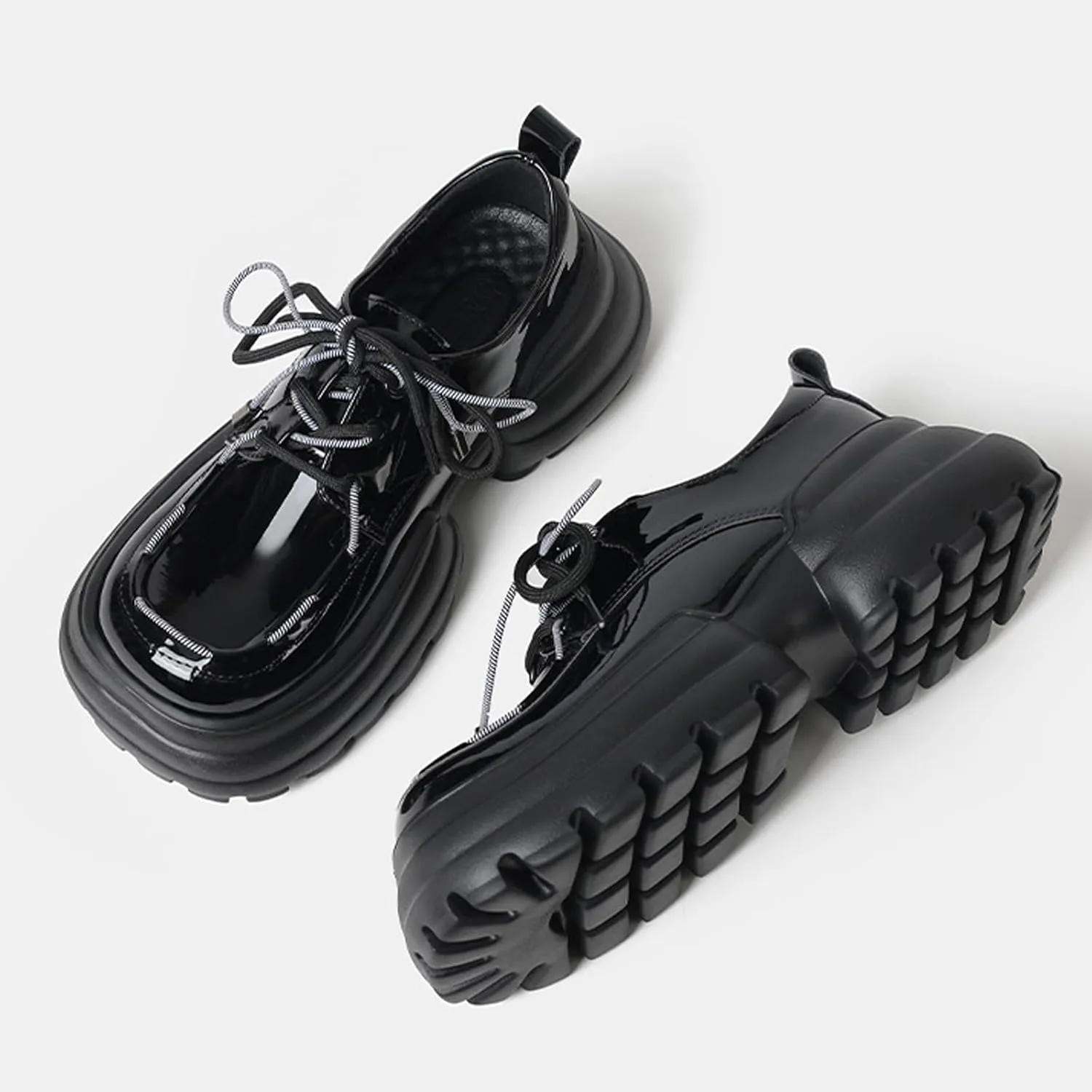 Women's Lug Sole Platform Loafers,Fashion Patent Leather Lace Up Oxfords Comfortable Round Toe Business Office Dress Shoes