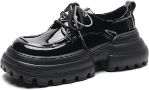 Women's Lug Sole Platform Loafers,Fashion Patent Leather Lace Up Oxfords Comfortable Round Toe Business Office Dress Shoes