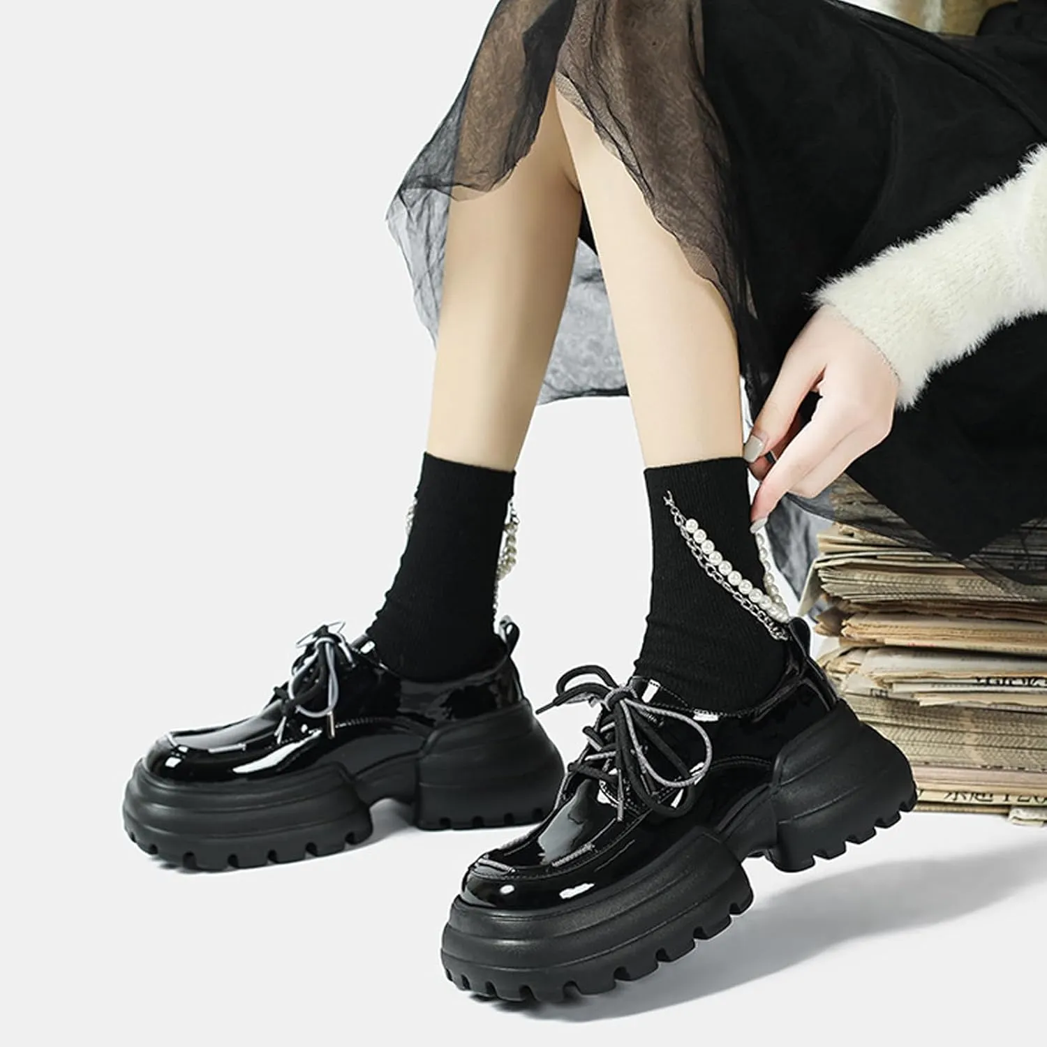 Women's Lug Sole Platform Loafers,Fashion Patent Leather Lace Up Oxfords Comfortable Round Toe Business Office Dress Shoes