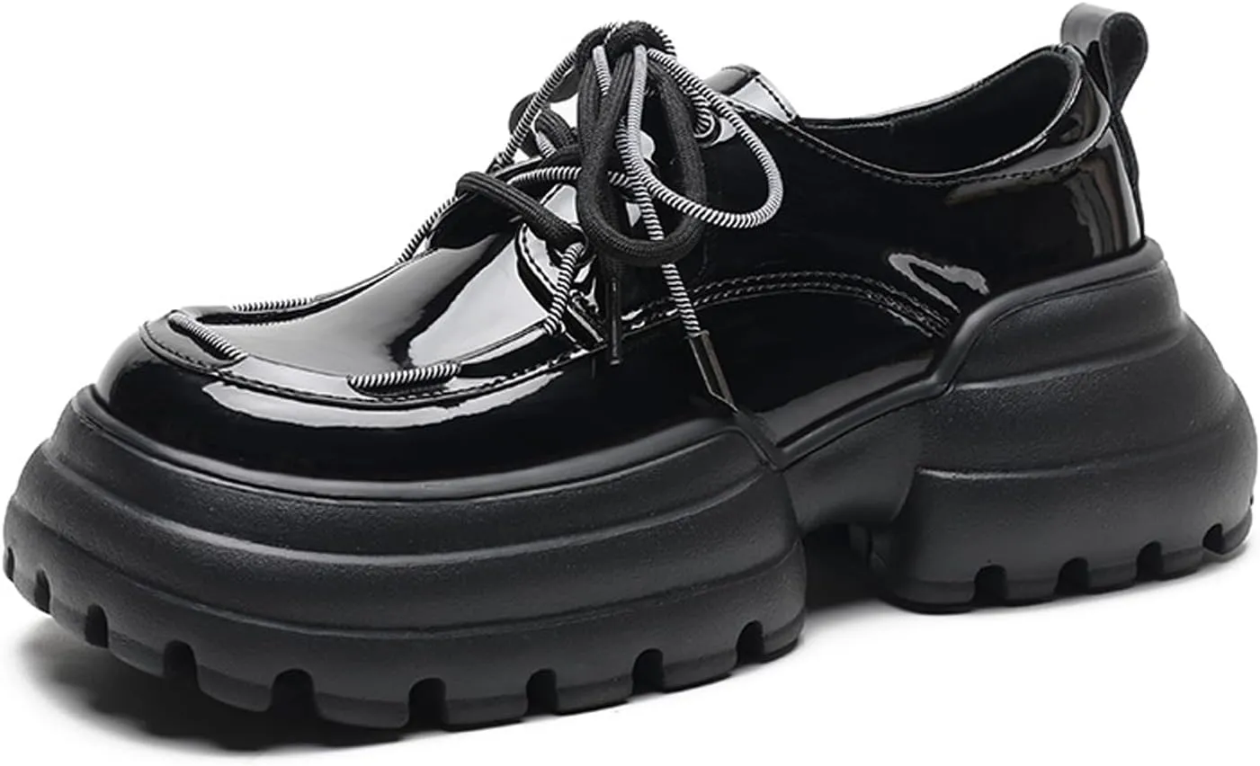 Women's Lug Sole Platform Loafers,Fashion Patent Leather Lace Up Oxfords Comfortable Round Toe Business Office Dress Shoes