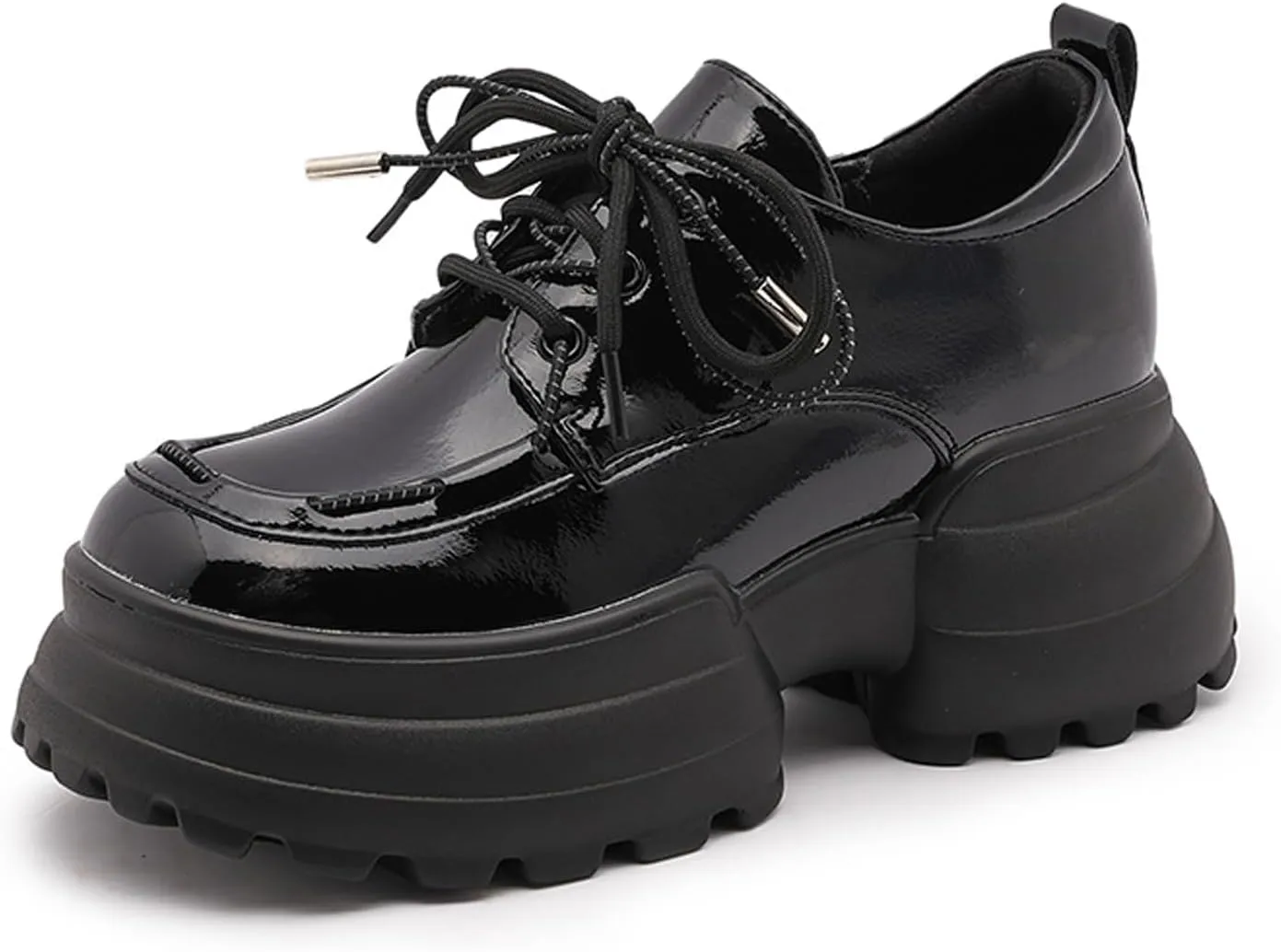 Women's Lug Sole Platform Oxfords,Fashion Patent Leather Lace Up Loafers Comfortable Round Toe Business Dress Shoes