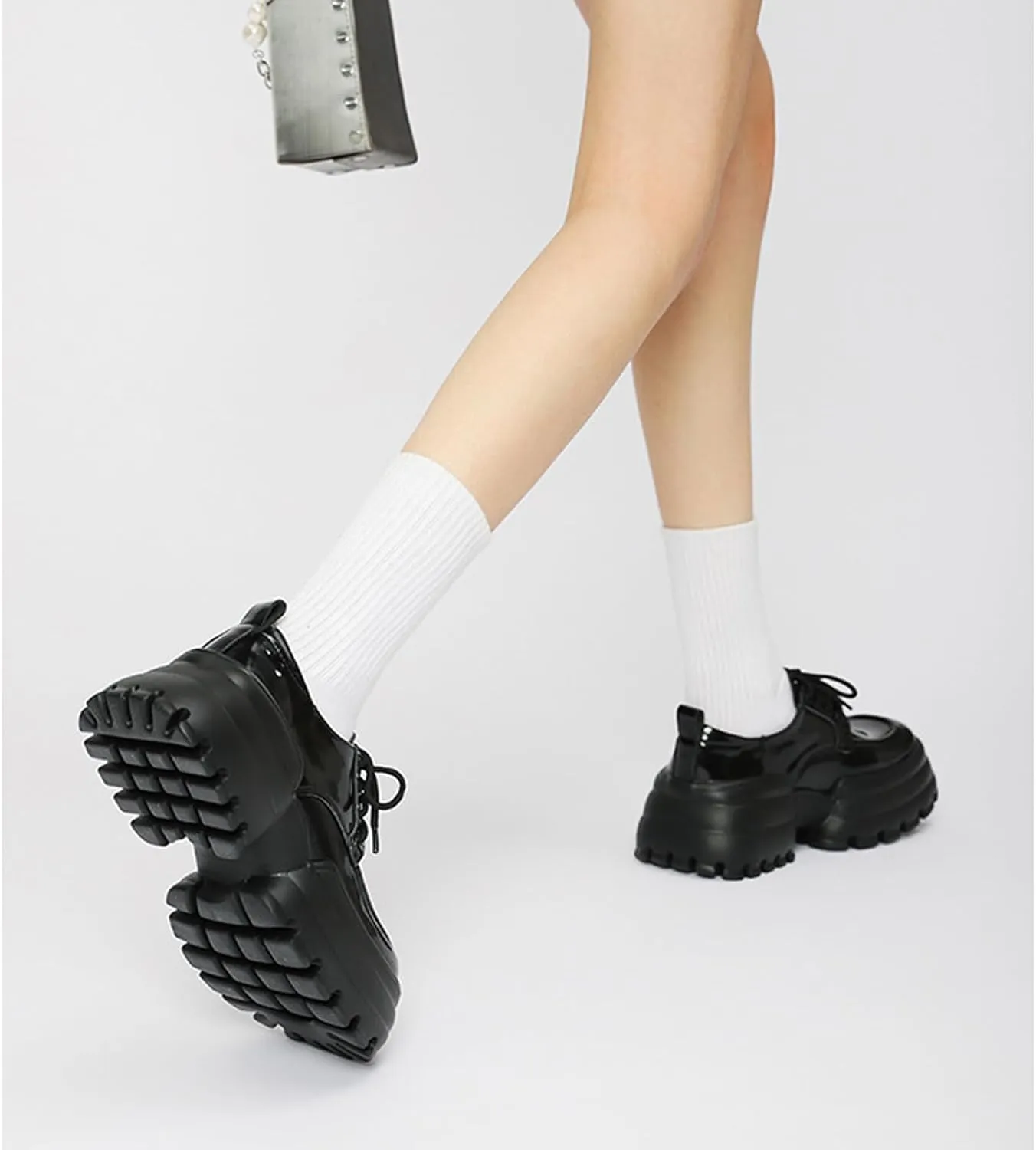 Women's Lug Sole Platform Oxfords,Fashion Patent Leather Lace Up Loafers Comfortable Round Toe Business Dress Shoes