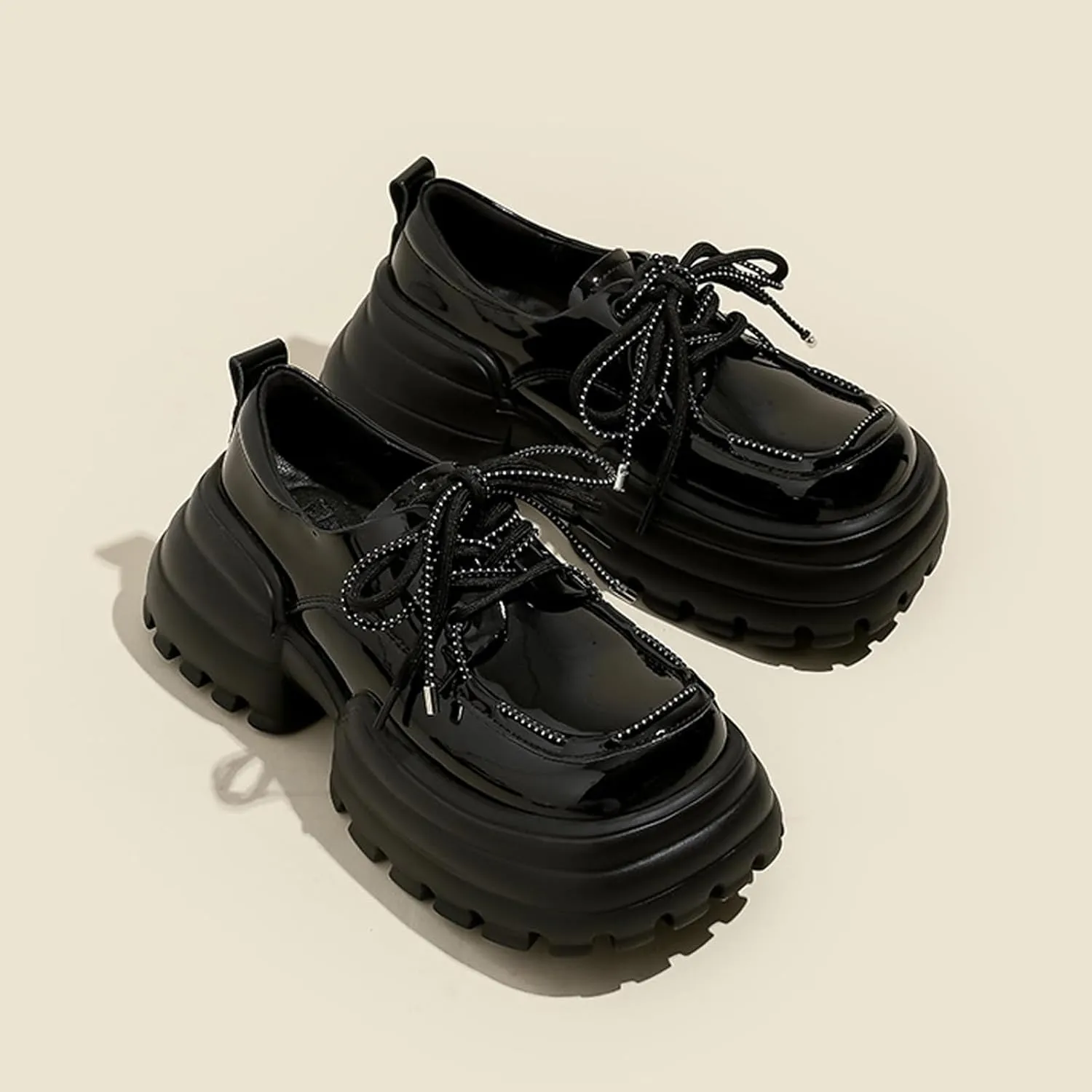 Women's Lug Sole Platform Oxfords,Fashion Patent Leather Lace Up Loafers Comfortable Round Toe Business Dress Shoes