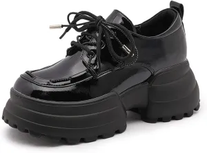 Women's Lug Sole Platform Oxfords,Fashion Patent Leather Lace Up Loafers Comfortable Round Toe Business Dress Shoes
