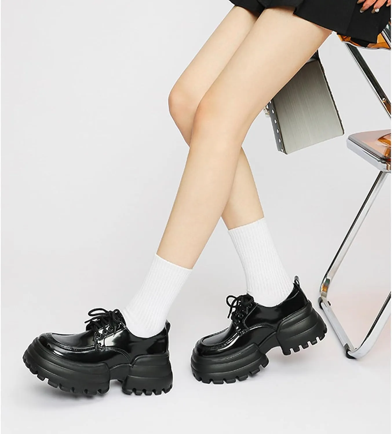 Women's Lug Sole Platform Oxfords,Fashion Patent Leather Lace Up Loafers Comfortable Round Toe Business Dress Shoes