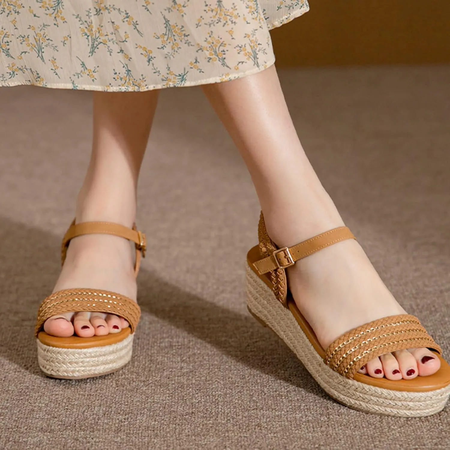 Womens Open Toe Buckle Ankle Strap Espadrilles Casual Flatform Wedge Sandals, Summer Espadrille Platform Sandals for Women Dressy Comfortable Beach Dress Shoes