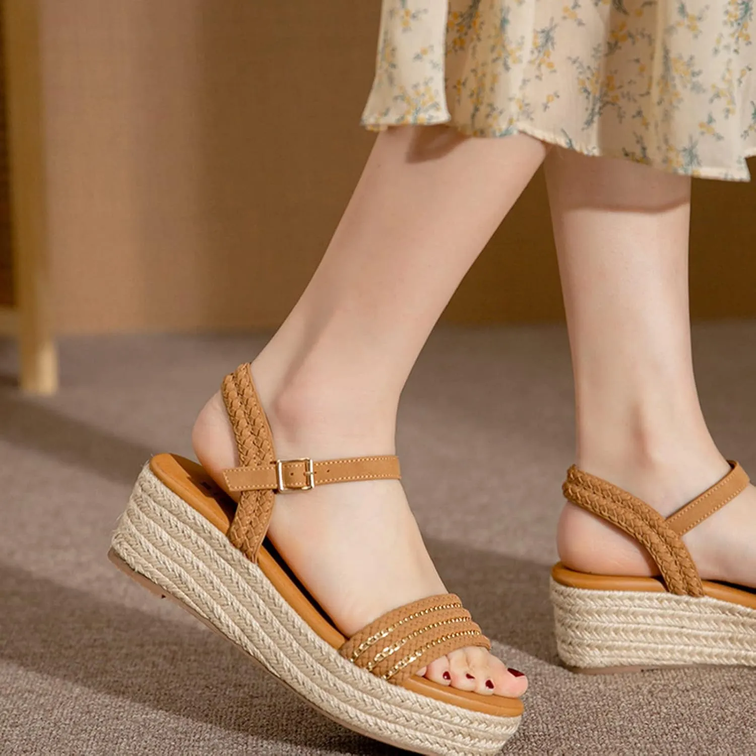 Womens Open Toe Buckle Ankle Strap Espadrilles Casual Flatform Wedge Sandals, Summer Espadrille Platform Sandals for Women Dressy Comfortable Beach Dress Shoes