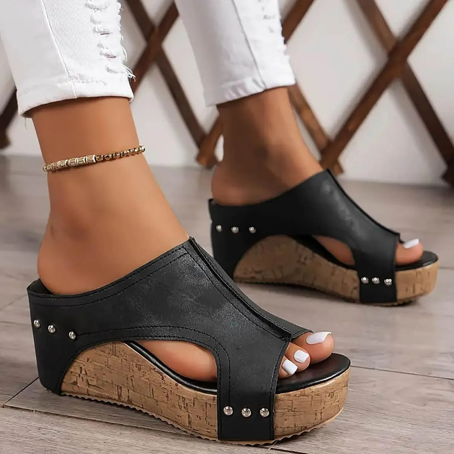 Womens Platform Wedge Sandals, Comfortable Slip On Sandals Slides Women Open Toe Cork Casual & Dressy Summer Shoes Lightweight For All Day Wear