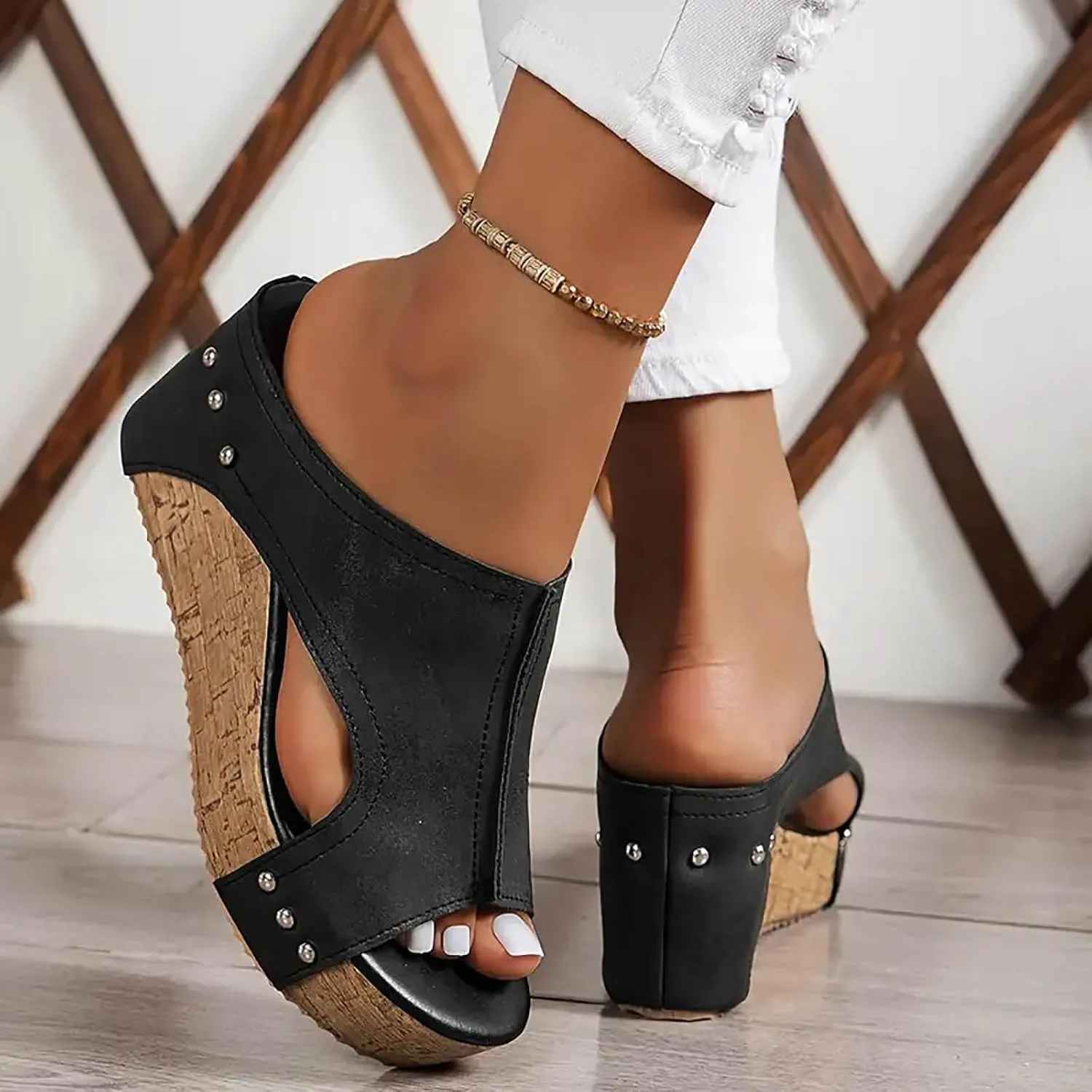 Womens Platform Wedge Sandals, Comfortable Slip On Sandals Slides Women Open Toe Cork Casual & Dressy Summer Shoes Lightweight For All Day Wear