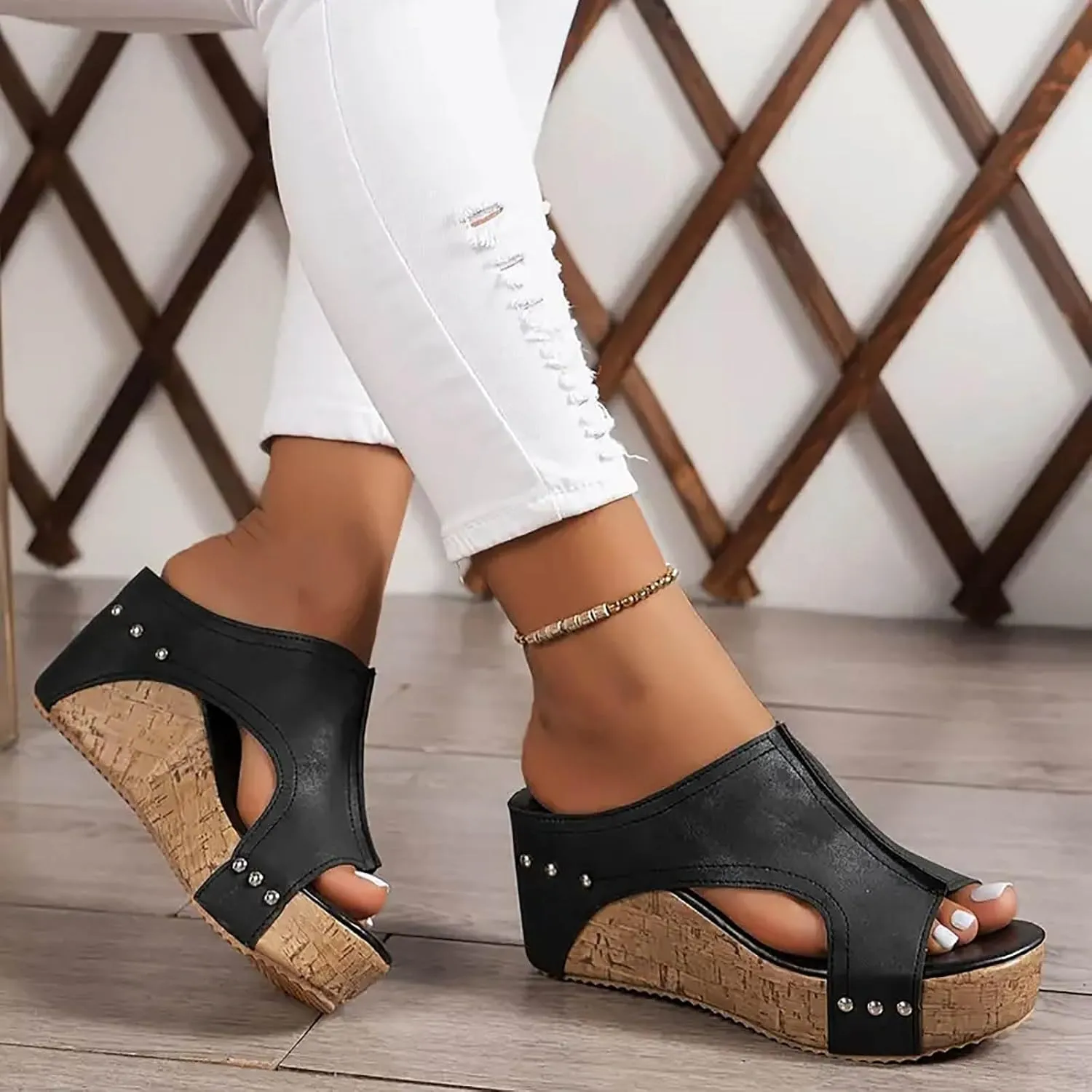 Womens Platform Wedge Sandals, Comfortable Slip On Sandals Slides Women Open Toe Cork Casual & Dressy Summer Shoes Lightweight For All Day Wear