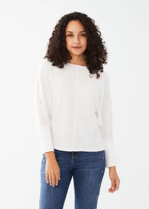 Wynne White with Embroidered Pastel Palm Trees Three Quarter Sleeve Batwing Top - FDJ French Dressing d3434692
