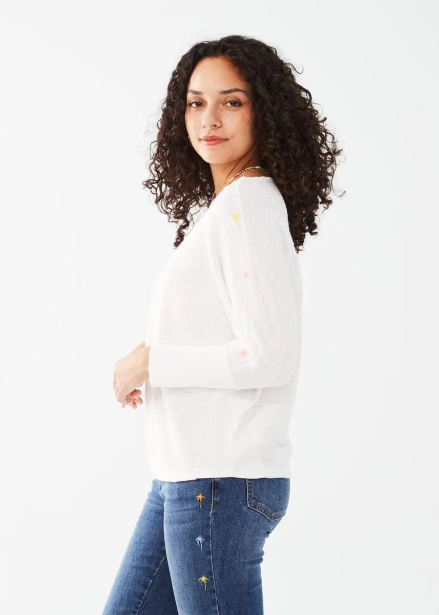 Wynne White with Embroidered Pastel Palm Trees Three Quarter Sleeve Batwing Top - FDJ French Dressing d3434692