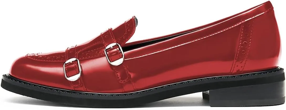 YDN Women's Closed Round Toe Loafer Low Chunky Heels Ornamental Buckle Slip On Dress Formal Party Dating Office Daily Shoes Size 4-16 US