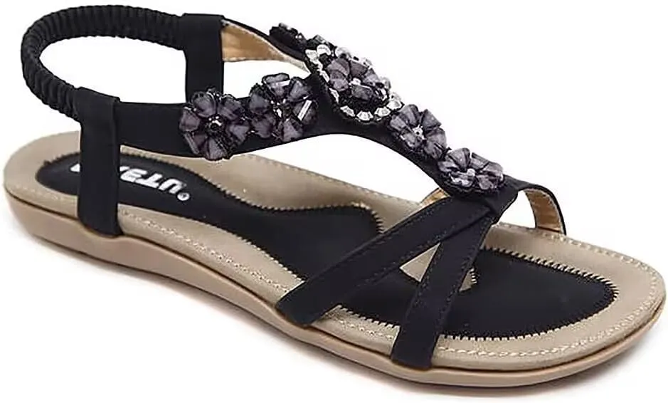 Yenktwei Women's Bohemian Dressy Sandals Casual Summer Flat Sandals Ankle Strap Comfortable Beach Shoes With Arch Support