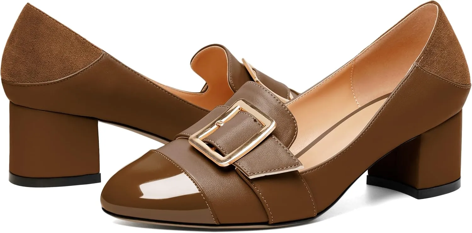 Zamikoo Block Heels for Women, Round Cap Toe Slip On Low Heel Pumps with Buckle Strap, Chunky Low Heels Loafers Pumps Dress Shoes for Wedding Party Office 2 Inches