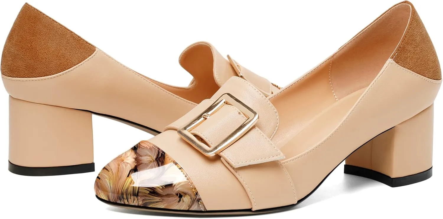 Zamikoo Block Heels for Women, Round Cap Toe Slip On Low Heel Pumps with Buckle Strap, Chunky Low Heels Loafers Pumps Dress Shoes for Wedding Party Office 2 Inches