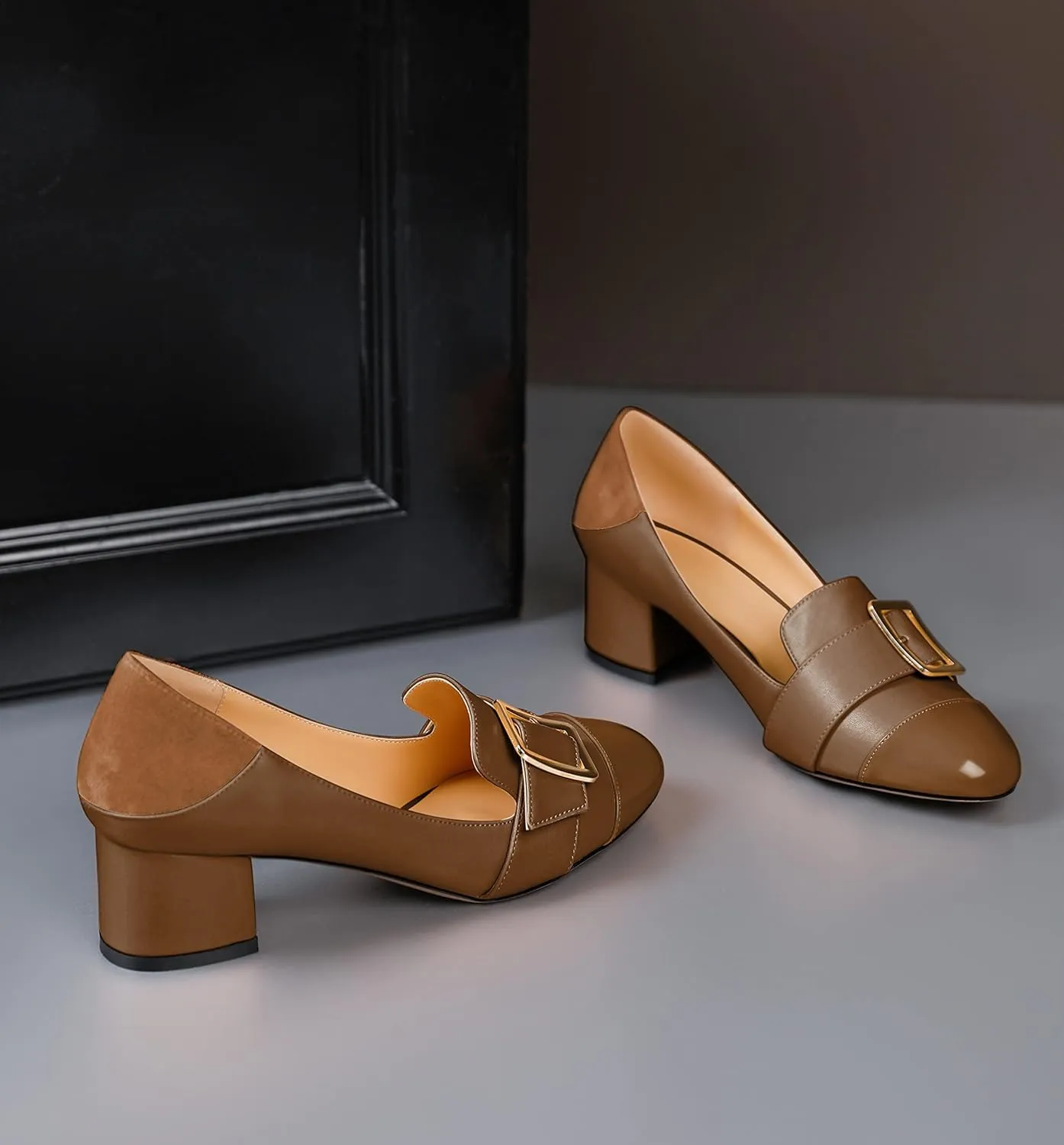 Zamikoo Block Heels for Women, Round Cap Toe Slip On Low Heel Pumps with Buckle Strap, Chunky Low Heels Loafers Pumps Dress Shoes for Wedding Party Office 2 Inches