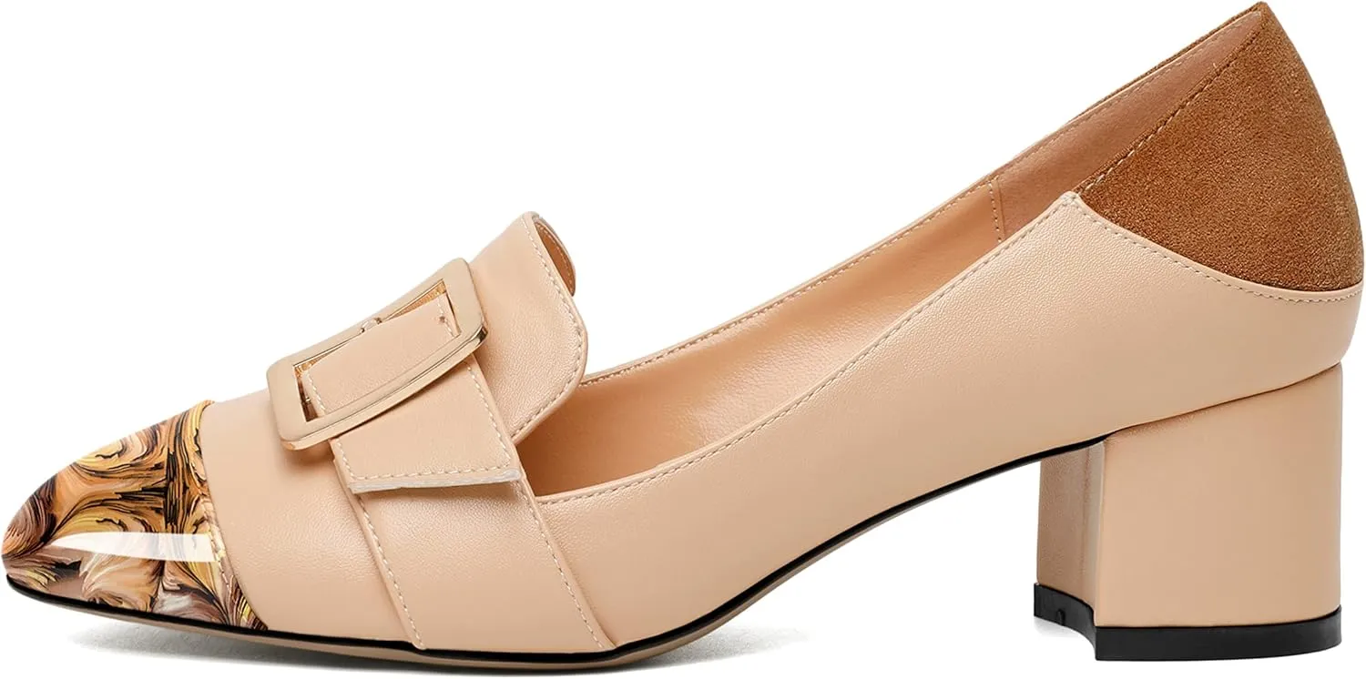 Zamikoo Block Heels for Women, Round Cap Toe Slip On Low Heel Pumps with Buckle Strap, Chunky Low Heels Loafers Pumps Dress Shoes for Wedding Party Office 2 Inches
