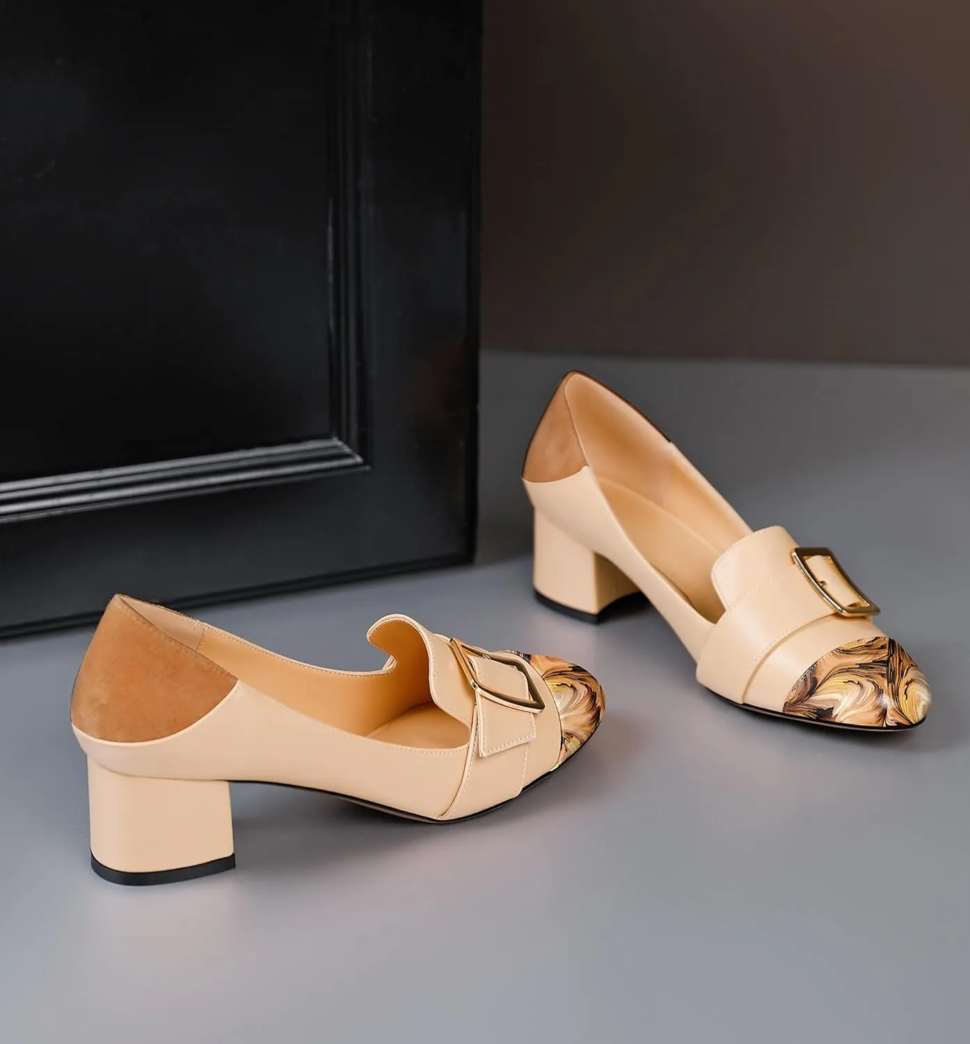 Zamikoo Block Heels for Women, Round Cap Toe Slip On Low Heel Pumps with Buckle Strap, Chunky Low Heels Loafers Pumps Dress Shoes for Wedding Party Office 2 Inches