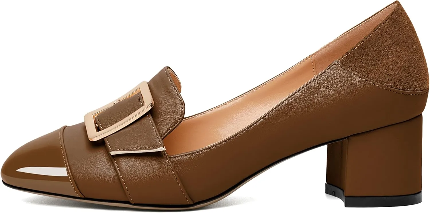 Zamikoo Block Heels for Women, Round Cap Toe Slip On Low Heel Pumps with Buckle Strap, Chunky Low Heels Loafers Pumps Dress Shoes for Wedding Party Office 2 Inches