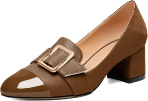 Zamikoo Block Heels for Women, Round Cap Toe Slip On Low Heel Pumps with Buckle Strap, Chunky Low Heels Loafers Pumps Dress Shoes for Wedding Party Office 2 Inches