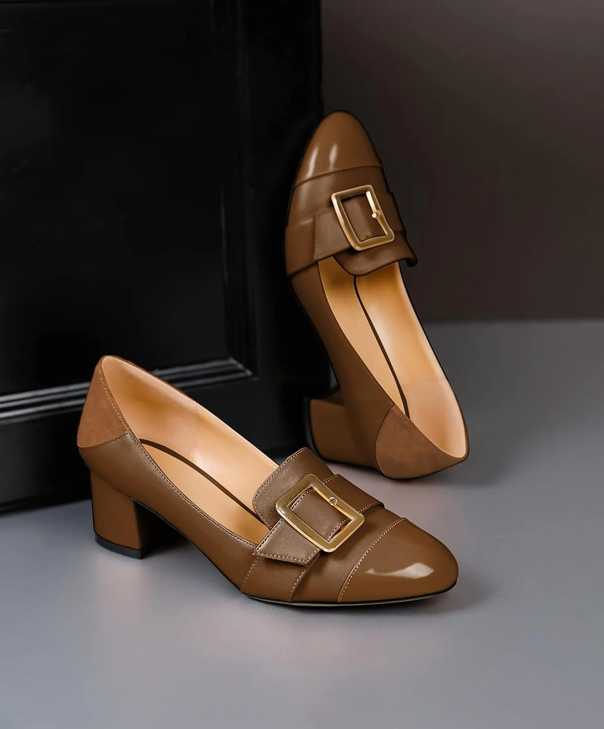 Zamikoo Block Heels for Women, Round Cap Toe Slip On Low Heel Pumps with Buckle Strap, Chunky Low Heels Loafers Pumps Dress Shoes for Wedding Party Office 2 Inches
